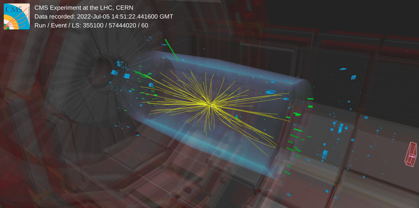 Simulation of Particle Collision (proton  - proton) at 13,6 TeV (Tera Electron Volts), as seen in the CMS detector during Run 3 at CERN