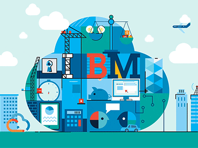 Cartoon IBM-cloud: several tasks are being performed inside the cloud